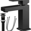Single Handle Bathroom Faucet, Matte Black Single Hole Bathroom Faucet, Solid Brass Modern Bathroom Sink Faucet Basin Vanity Square Bathroom Faucet with Pop-up Drain & Water Supply Hoses