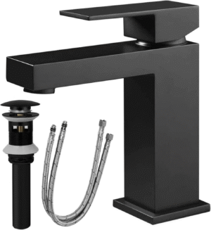 Single Handle Bathroom Faucet, Matte Black Single Hole Bathroom Faucet, Solid Brass Modern Bathroom Sink Faucet Basin Vanity Square Bathroom Faucet with Pop-up Drain & Water Supply Hoses