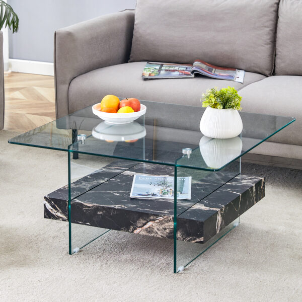 fa3f1e9180414e02a061eb475b9fc07e_858b8b98ae8c02134bbe4e92ed550e1f 31.4 Inch Modern Two-Tier Square Coffee Table - An Elegant Combination of Clear Glass and Black Marble Pattern Sticker.It can be used as a coffee table,a side table or a display stand.