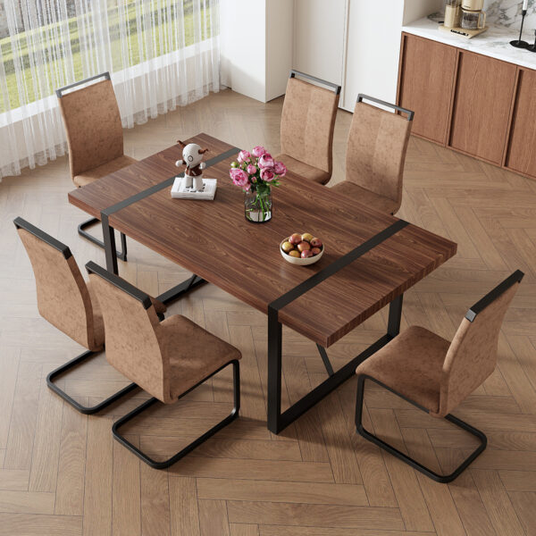 fa4c6192704842d580b7cb16d1005766_20e0a48dd49d922948d45c39523baf75 Table and chair set.Industrial Style Walnut-Colored Rectangular Dining Table - 71"x39.3" Large Size.Paired with 6 brown technology fabric chairs with Featuring arched black Metal legs.