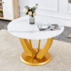 A modern minimalist round white patterned table top measuring 48 inches in diameter with gold MDF legs. Suitable for dining and living rooms.