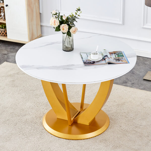 fa50276a0c7549f98632ac6a265a52bc_675c6cc7e3cf8eab34eb24463916762d A modern minimalist round white patterned table top measuring 48 inches in diameter with gold MDF legs. Suitable for dining and living rooms.