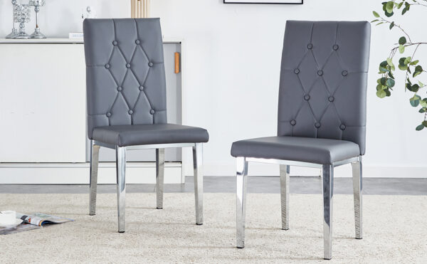 fa551ee87a334257ba785a187d63318d_698c32397ce109971a055f6976dba20c 2 piece set of gray armless dining chairs brings a touch of elegance and mystery to the dining area with its deep gray tone,The grid and buckle design of the back add a vintage yet fashionable touch