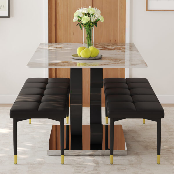 fa628ae5e5f640d0b8609510e2e5166f_e559027bbeaff8d2cf1eb836844899b0 Table and chair set.63*31.5 Inch Pandora Pattern Sintered Stone Dining Table Set,MDF material OC shaped bracket,Paired With 2 Benches,A Choice of Subtle Luxury for Modern Homes.