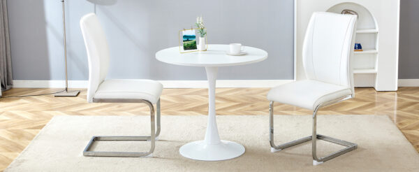 fa746cacae17446abeedf2b479e23fff_b4a65d1e58637d651215ee9c3d477a9f Table and chair set.Hourglass-Shaped Stable Small Round Table -31.9" * 31.9" With 2 Soft and Comfortable White PU Chair With Arched Metal Silver Leg.Create Your Exclusive Low-Key Luxury Space.