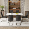 Table and chair set.63"x31.5x30" Luxurious Snow Mountain Patterned Sintered Stone Table with Silver Stainless Steel Butterfly Legs.Paried With 6 Black High-quality PU Chairs With Arched Metal Legs.