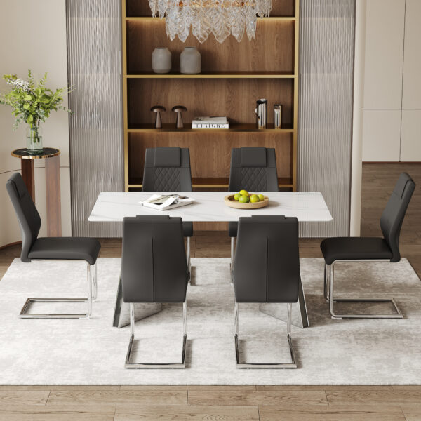 fa829bc6b745468a80d3214872199874_be9f9d5fa5a59fe540566fbd6d224392 Table and chair set.63"x31.5x30" Luxurious Snow Mountain Patterned Sintered Stone Table with Silver Stainless Steel Butterfly Legs.Paried With 6 Black High-quality PU Chairs With Arched Metal Legs.