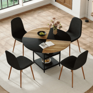 Table and chair set.A 47.3-inch diameter modern spliced color circular dining table - double-layer storage.Paired With 4 Black Linen-Cotton Material High Resilience Dining Chair with Metal Walnut Leg.