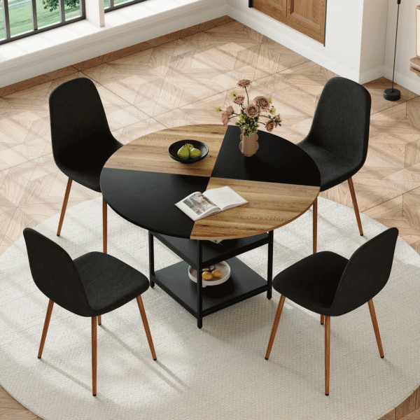 Table and chair set.A 47.3-inch diameter modern spliced color circular dining table - double-layer storage.Paired With 4 Black Linen-Cotton Material High Resilience Dining Chair with Metal Walnut Leg.