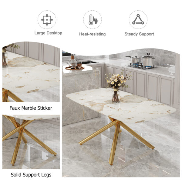 fa93ee92541742d9a658c0882c981ac9_f8b1c046d20a837af2fc3923acc7ceda Table and chair set, large modern minimalist rectangular dining table, 0.39-inch imitation marble tabletop and golden metal legs, soft leather seats. F-1537