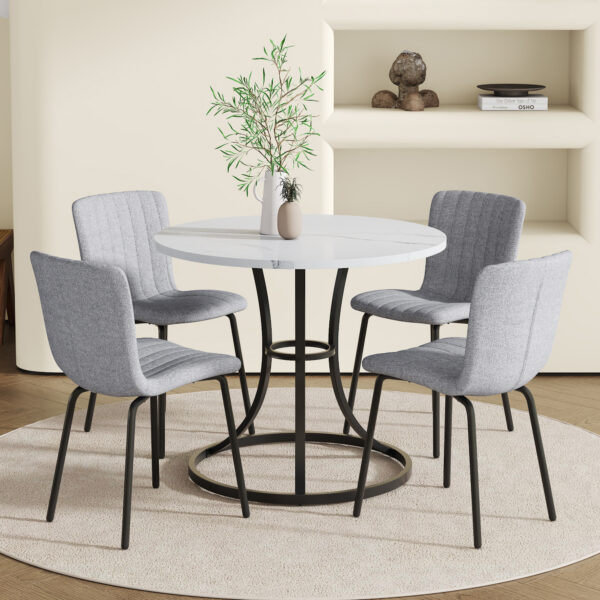 fa9a83b396a749049c7135ca16eeb9ca_40f12ac2047c2e0cd6907ada08a2cceb Table and chair set.A Modern Minimalist Circular Dining Table With A Diameter Of 33.3 Inches.Paired With 4 High Quality Light Gray Dining Chairs Made Of Linen Fabric.Iron pipe spraying Legs.