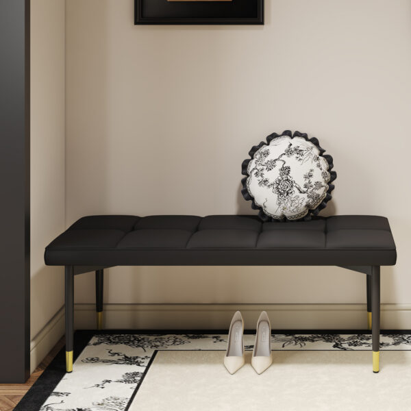 faa101d5b6a842f381e480060994a505_a67a0e9bf6cd10c2cce5bbe77210987c 47*16 Inch Multifunctional Black Shoe Bench - Faux PU Cushion, Sturdy Metal Legs With Gold Accents.Suitable For Bedroom,Fitting room, Storage room, Dining room, and Living room,etc.