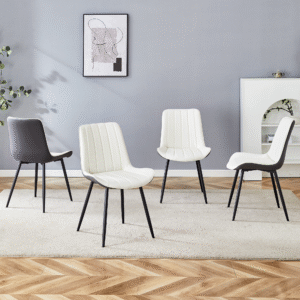 Extended Seat Cushion PU Dining Chair Set - Four Pieces.Smooth line design.Can integrate well into various modern home decoration styles.White and Dark Gray Splicing Colors.