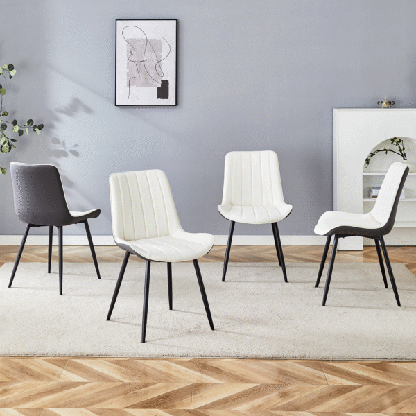 fab04f78a86244d39f898feaf9ed3cbb_2d8ce7afcbf19459b0bfe1bcfaeb847b Extended Seat Cushion PU Dining Chair Set - Four Pieces.Smooth line design.Can integrate well into various modern home decoration styles.White and Dark Gray Splicing Colors.