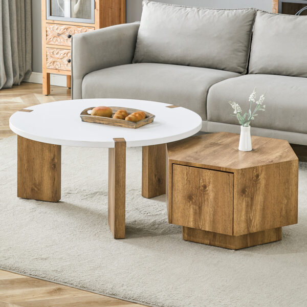 fab90d2d3e63483db9942f582c354067_41a93776635c6567221105c31033a21a Fashionable and versatile MDF material coffee table set, unlocking a new style in the living room.All are made of MDF material, with white and wood textured stickers on the surface.