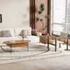 Coffee table with double drawers. The board surface is MDF sticker, and both sides are transparent tempered glass. The design is simple and elegant, with excellent storage functions.