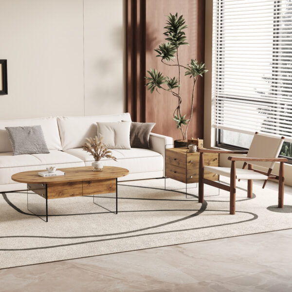 facfc33e73c148aabffc5a6ccbea8637_a95597498c4b56f062feaa569afb1916 Coffee table with double drawers. The board surface is MDF sticker, and both sides are transparent tempered glass. The design is simple and elegant, with excellent storage functions.