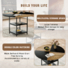 Table and chair set.A 47.3-inch diameter modern spliced color circular dining table - double-layer storage.Paired With 4 Black Linen-Cotton Material High Resilience Dining Chair with Metal Walnut Leg.