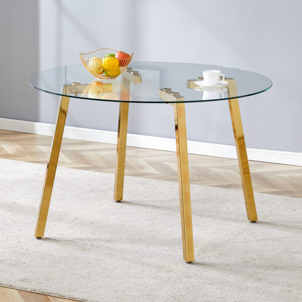 faf91d84e60b421dbc78552ac14ab85d_323ac96f2dfd5d3357d4b79d0e72b227 Modern Luxurious Round Tempered Glass Dining Table with Gold 7-Shaped Metal Legs,suitable for family meals, office conferences, or as a casual coffee table for various occasions.47.3*47.3*29.5