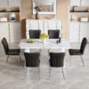 Table and chair set.64.5x35.4 Inch Stylish White Marble Textured Dining Table.Paried With 6 Black PU Chairs with a vertical stripe design on the backrest.Create Your Exclusive Low-Key Luxury Space.