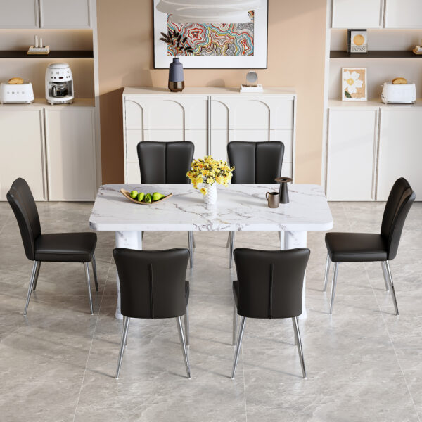 fb35e90862a646cabe2e8e9e91b0ee00_1c13ec0bfc519fa3357811c50c9a2b71 Table and chair set.64.5x35.4 Inch Stylish White Marble Textured Dining Table.Paried With 6 Black PU Chairs with a vertical stripe design on the backrest.Create Your Exclusive Low-Key Luxury Space.
