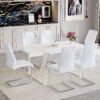 Table and chair set.55"x31.4" Cream-Style White MDF Dining Table Set with 6 White Chairs With Silver Metal Legs.MDF Tabletop and metal frame legs.Adding a warm and gentle atmosphere to your family.