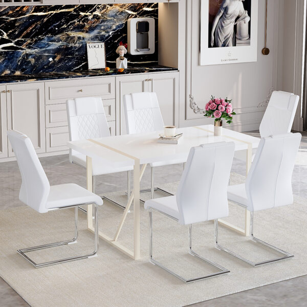 fb4f7df4941d41a9978344cd0436fbe9_de5b33646854a2683a556f573bad277d Table and chair set.55"x31.4" Cream-Style White MDF Dining Table Set with 6 White Chairs With Silver Metal Legs.MDF Tabletop and metal frame legs.Adding a warm and gentle atmosphere to your family.