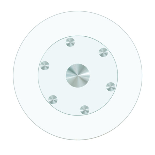 fb519cf87df6498e826d1f84eb6115c4_e9ef178a15805a68789a972259446247 Double layer rotatable round glass.The rotatable design makes it more convenient to retrieve and place items.The upper glass has a diameter of 24 inches, while the lower glass15 inches.