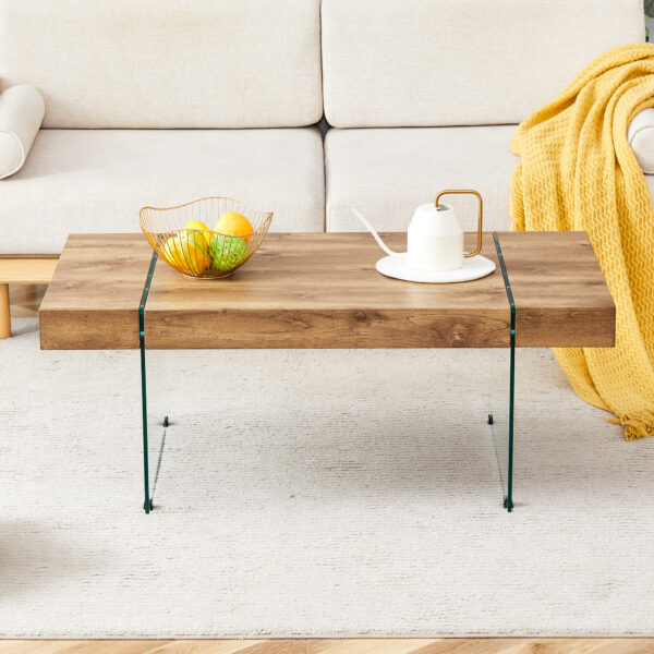 fb583dfbc11e44eea6494ebf89041724_905528bed888ed57a046fa5c95981f32 43.3"x23.6" Wood colored texture sticker MDF Coffee Table with Tempered glass legs.Suitable for Living Room.It can be used not only as a coffee table but also as a side table or display stand.