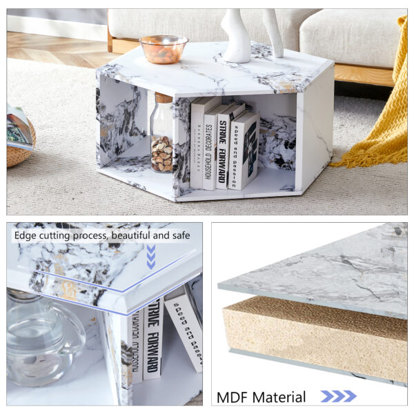 fb67ef1820da4d75b7e5a201f8106812_69bb504ac9b5662c574a3f12b641ac09 Hexagonal MDF coffee table, characteristic pattern stickers, multi-hole design to give more storage space, simple and convenient design makes it suitable for all kinds of style scenes.