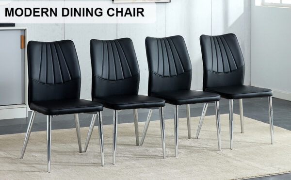 fb702d2cd1cf47d4b049c824c44e1184_20240205_b1ef1e32b88bd29569506850e0a59fbd Four black dining chairs. Modern chairs from the Middle Ages. Made of PU material cushion and silver metal legs. Suitable for restaurants and living rooms C-009