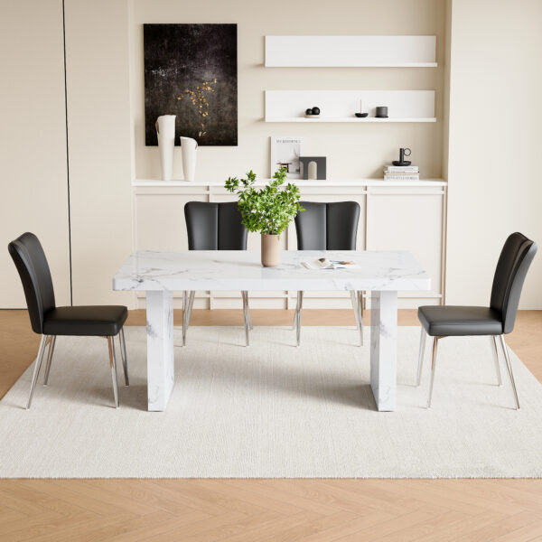 fb8099c719de4d0691e42fc88bffec84_d049f9a51f06f610a97c312702bff9dd Table and chair set.63"*35.4" White Imitation Marble Pattern MDF Dining Table Set - 4 Black PU Chairs with a vertical stripe design on the backrest.Create Your Exclusive Low-Key Luxury Space.