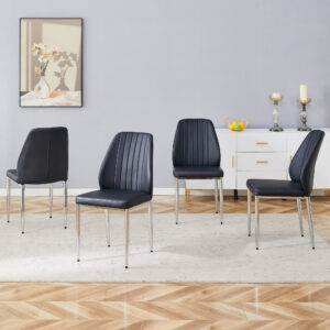 Set of Four Black PU Comfort Dining Chairs (17.7"x25").Dining chair with extended backrest,BLACK PU,Silver metal legs,Suitable for various places such as family restaurants, hotels, coffee shops,etc.