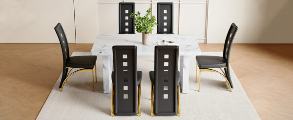 fbc0205b0e614964aebd3a87a4140a3d_20a3cd2785347dc7f82e328637860dab Table and chair set.63"*35.4" White Imitation Marble Pattern MDF Dining Table Set - 6 PU Chair With Black Saddleback, Geometric Pattern Backrest,Golen Curved Metal Leg..Suitable For Various Scenes.