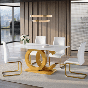 Table and chair set.Subtle Luxury Tempered Glass Dining Set - 63"x35.4" with 4 White PU Material High Resilience Dining Chairs.Arched Metal Gold Leg.White imitation marble texture sticker Tabletop.