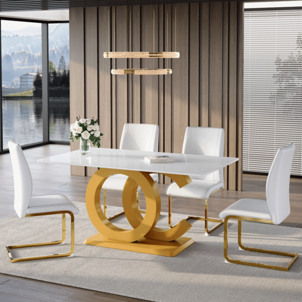 fbd7d3537e9f470eb357cb3e91124b03_e0b992da6e6c38112d9b24827ff5f354 Table and chair set.Subtle Luxury Tempered Glass Dining Set - 63"x35.4" with 4 White PU Material High Resilience Dining Chairs.Arched Metal Gold Leg.White imitation marble texture sticker Tabletop.