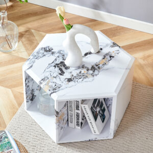 Hexagonal MDF coffee table, characteristic pattern stickers, multi-hole design to give more storage space, simple and convenient design makes it suitable for all kinds of style scenes.
