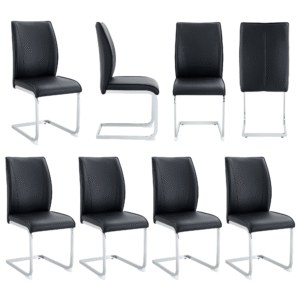 Luxury Simple Arch Chair - Set of 8 Black PU Material High Resilience Dining Chair with Arched Metal Silver Leg.Packed In Two Boxes.