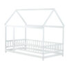 Twin Size House Floor Wooden Bed with Roof Frame,Safety Guardrails,White