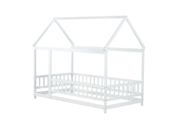 Twin Size House Floor Wooden Bed with Roof Frame,Safety Guardrails,White