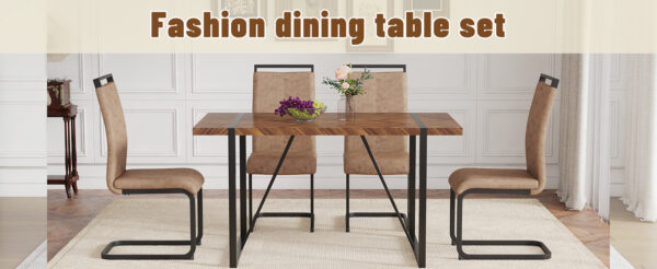 Table and chair set.A retro rectangular dining table with fishbone patterned MDF desktop and black metal legs.Paired With 4 Brown technology fabric chairs with Featuring arched black legs.
