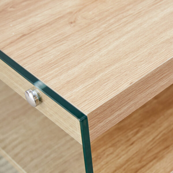 Three-tier side table and bunk coffee table set. The board is made of MDF with wood stickers and clear tempered glass on both sides. The design is simple and elegant, with powerful storage function