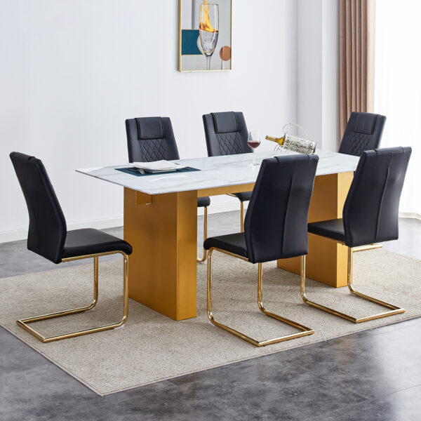 fc62181a7a5e43cabc652381e655dbcf_be274af8c0f9ea30a2474f3cef0f6f2f Table and chair set.Large modern rectangular table with 0.4 inch patterned glass tabletop and large MDF table legs.Comes with 6 chairs with faux leather cushioned seats and golden metal legs.