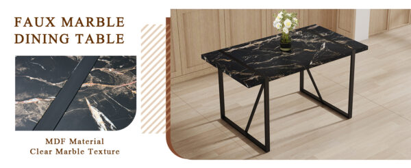 fc823871d3b34520b83c86a822f19d89_24896806e47363d4f11f8e0f4bcaf8db Table and chair set.Modern Black Marble Pattern MDF Dining Table Set-55"x31.4" with 4 Extended Seat Cushion PU Dining Chairs.White and Dark Gray Splicing Colors Cushion.Iron Pipe Spraying Chair Legs.