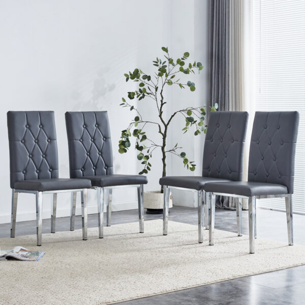 fcbd274a7d5f47b48080cf3d76b4220f_77339ca867113a38a0bd473c7c2bb635 4 piece set of gray armless dining chairs brings a touch of elegance and mystery to the dining area with its deep gray tone,The grid and buckle design of the back add a vintage yet fashionable touch