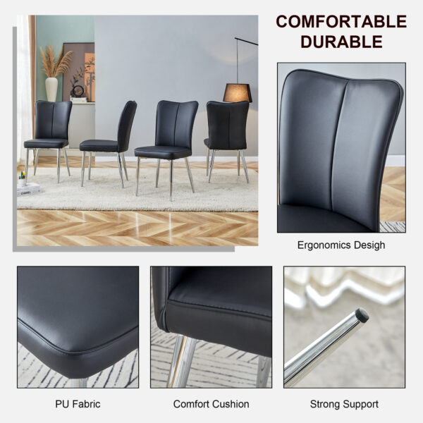 Modern minimalist dining chairs, black PU leather curved backrest and seat cushions, electroplated metal chair legs, suitable for restaurants, bedrooms, and living rooms. A set of 4 chairs.008