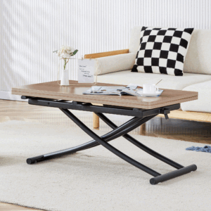Modern minimalist multifunctional lifting table, with a 0.8-inch wood grain process sticker desktop and black metal legs, can be used as a dressing table, coffee table, dining table, and office table