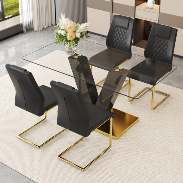 fd2887f6f60449af9b6f75e1643ef803_1d3e6c1978c9cfe144115bf27e0a0bb0 Table and chair set.Luxurious Tempered Glass Dining Set - 63"x35.4" with 4 Comfortable Black PU Chairs With Golden Arched Metal Legs .V-Shaped Support Design Table Leg.