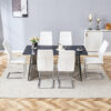 Table and chair set.63"x31.5x30" Black Marble-Patterned Slabs Tabletop with Stainless Steel Butterfly Legs.Paried with 6 White high-quality PU chairs with silver metal legs.