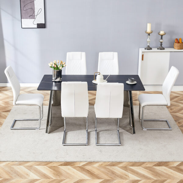 fd3db9f5e74f4fcdbc10ccef842f6df5_d21a174a505d9982b1ddd19fadb3d30d Table and chair set.63"x31.5x30" Black Marble-Patterned Slabs Tabletop with Stainless Steel Butterfly Legs.Paried with 6 White high-quality PU chairs with silver metal legs.